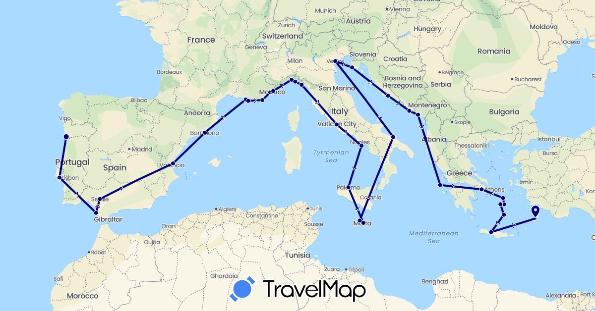 TravelMap itinerary: driving in Spain, France, Greece, Croatia, Italy, Monaco, Montenegro, Malta, Portugal (Europe)